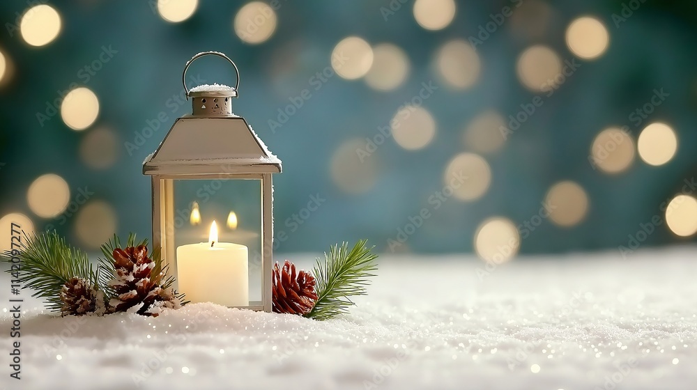 Poster cozy winter lantern with fir branch and pinecones on snowy background with soft bokeh lights creatin