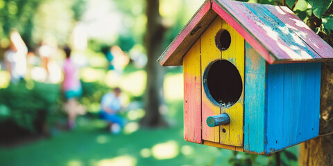 Colorful birdhouse in a lively garden setting
