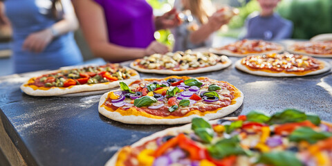 Friends preparing pizzas outdoors for a summer gathering