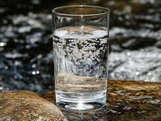 Clear Glass of Sparkling Water on a Natural Stone Surface Near a Flowing Stream with Glimmering Reflections in the Background