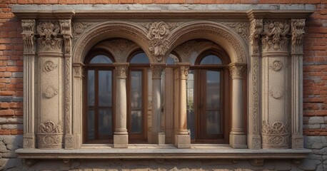 Obraz premium Roman window with ornate moldings and carvings, architrave, roman architecture, pediment