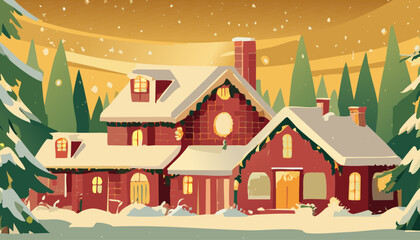 Winter landscape with fir trees and houses. Cartoon vector illustration.