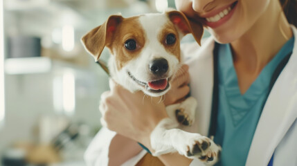 Professional veterinarian with happy dog in inviting clinic setting