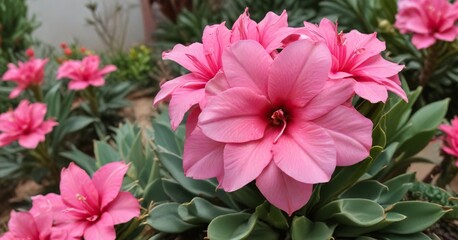 Obraz premium Pink Desert Rose Adenium in a succulent garden with other plants, plant life, colorful flowers, blooming plants