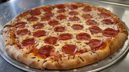 A delicious pepperoni pizza topped with melted mozzarella cheese and a golden crust, perfect for...