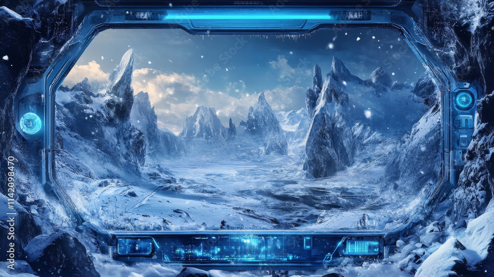 Poster game streaming overlay panels and buttons with ice texture and snow. template of webcam video app de