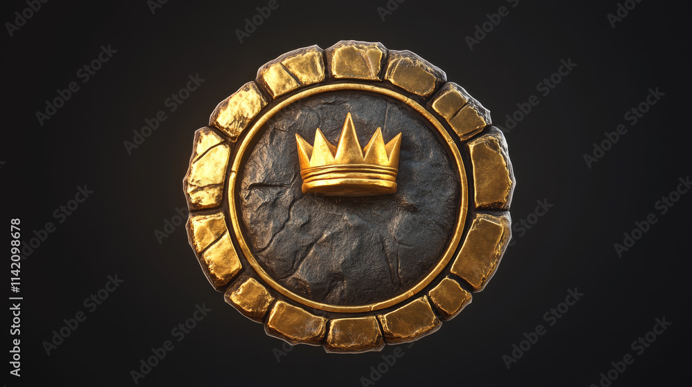 Poster gold circle avatar badge icon for ui game design. empty rank border with crown for medieval interfac