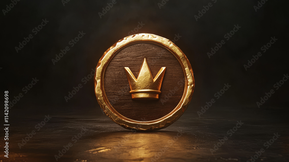 Poster gold circle avatar badge icon for ui game design. empty rank border with crown for medieval interfac