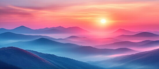 Misty mountain sunrise with colorful sky.
