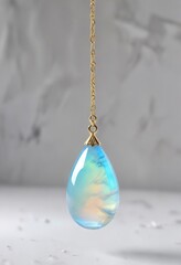 Opal teardrop gemstone suspended from a delicate chain above a minimalist white background, shimmering, drop shape, faceted