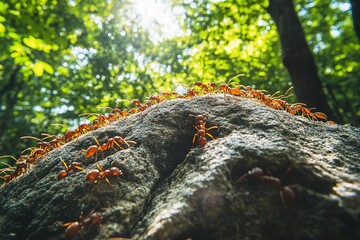 Fire ants marching on rock in sunlight amidst greenery.