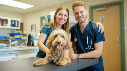 Veterinary team caring for happy dog in clinic setting