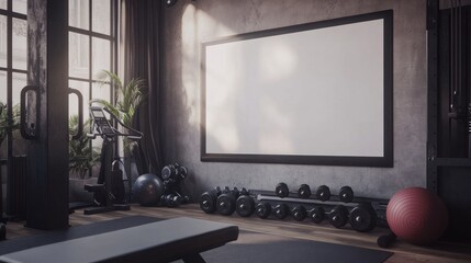 Modern home gym with blank poster mockup.