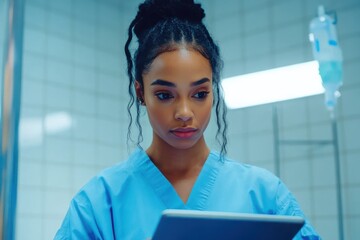 Nurse Utilizing Digital Tablet to Update Patient Records in a Softly Lit Hospital Environment with a Focus on Care and Professionalism