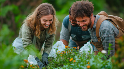 Adults, planting flowers with team for gardening and growth in nature with care, and work. Multi-ethnic, people working outdoors for environment, sustainability or organic farm