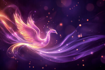 glowing phoenix rises gracefully from vibrant flames, surrounded by ethereal light and sparkling particles in mystical, starry atmosphere