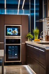 A sleek kitchen with robotic arms cooking, a smart fridge displaying recipes, and holographic screens for culinary techniques in a high-tech yet warm atmosphere.
