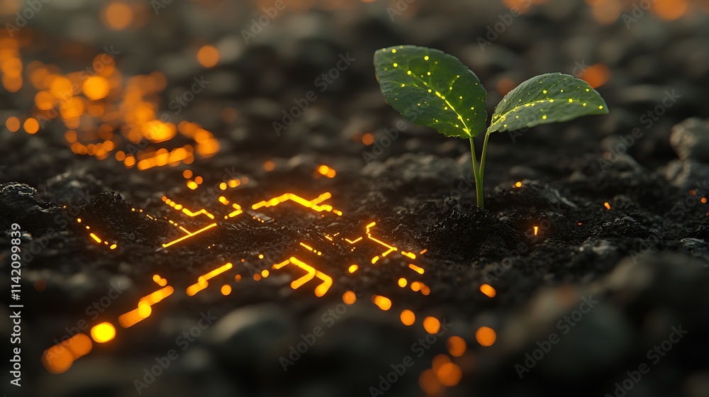 Aufkleber green seedling growing on soil surface with illuminated circuit board pattern in background