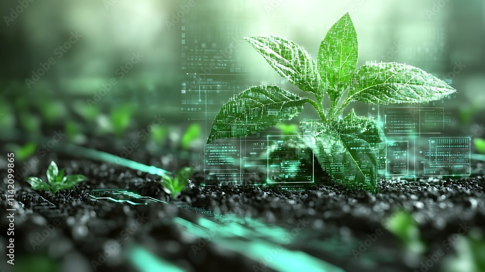 Poster green seedling growing with digital data overlay representing technology and nature integration