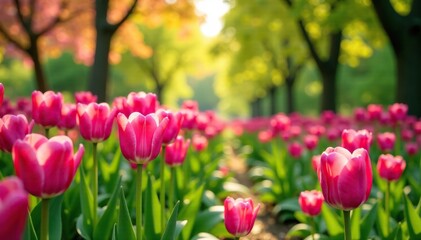 Obraz premium Garden filled with fresh pink tulips and sunny trees, flowers, foliage, greenery