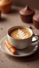 Cup of coffee with milk and croissant on mocha mousse background, mocha mousse brown color, drink, espresso, cafe, trend color