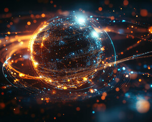 A glowing sphere with a bright blue center and orange and red swirls