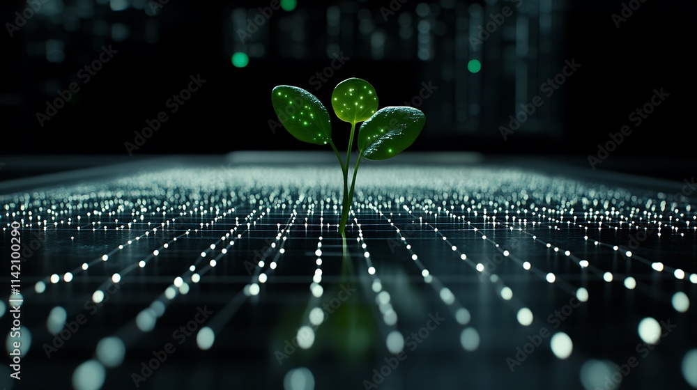 Aufkleber green sprout emerging from digital matrix with glowing dots representing growth and innovation in te