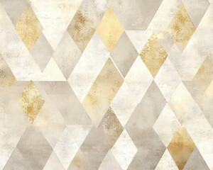 A wall with a pattern of triangles and squares in gold and white