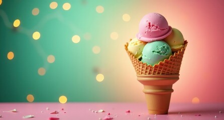  A vibrant cone filled with scoops of colorful ice cream on a sunny summer day. The background has a soft pink and green color palette with party lights, ideal for a cheerful vibe.