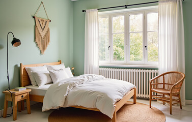Scandinavian style bedroom with mint green walls, a simple wooden bed frame, and white linens