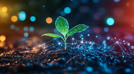Growing Green Plant with Leaves Surrounded by Colorful Lights and Digital Connections in Soil