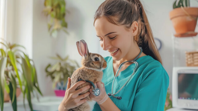 Veterinarian examining a rabbit in a bright and vibrant clinic setting - Powered by Adobe