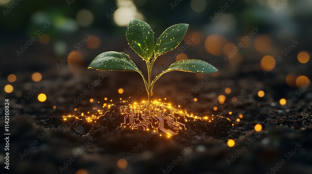 Aufkleber growing plant emerges from soil with glowing circuit patterns and sparkling particles in nature