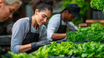 Hispanic, and african women, working in farm with plants for agriculture, and organic food. People, and farming with growth for urban garden, care or harvest, environment
