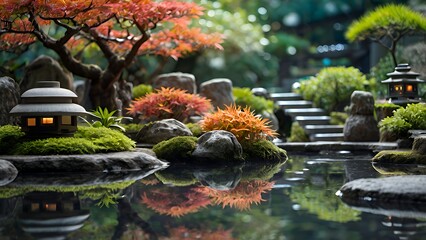 Fototapeta premium A serene high-tech Japanese garden with robotic drones pruning bonsai, koi ponds, stone lanterns, and holographic monitors displaying plant care details. 