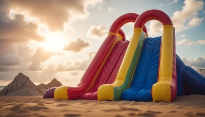 Colorful inflatable slides on a grassy field with a cloudy sky in the background
