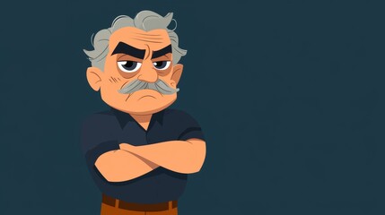 Grumpy old man with gray hair and mustache crossing his arms and frowning, showing disapproval and discontent, conveying a negative emotion