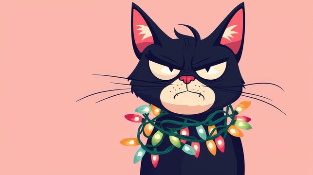 Cartoon illustration of a grumpy black cat wearing colorful christmas lights around its neck, set against a solid pink background, creating a humorous and festive scene