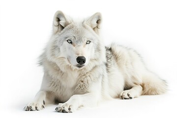 Obraz premium Alert grey wolf lying on white background, capturing its intense gaze.