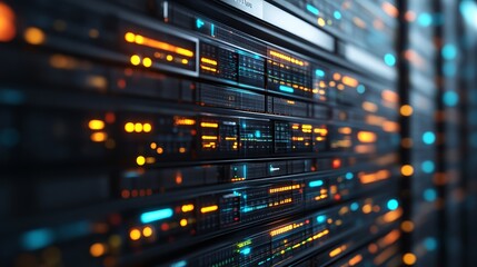 A close-up view of a modern server rack, showcasing illuminated data storage units with vibrant LED lights.