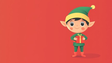 Cute cartoon christmas elf joyfully holding a beautifully wrapped gift adorned with a golden ribbon, set against a vibrant red background, creating a cheerful festive holiday scene