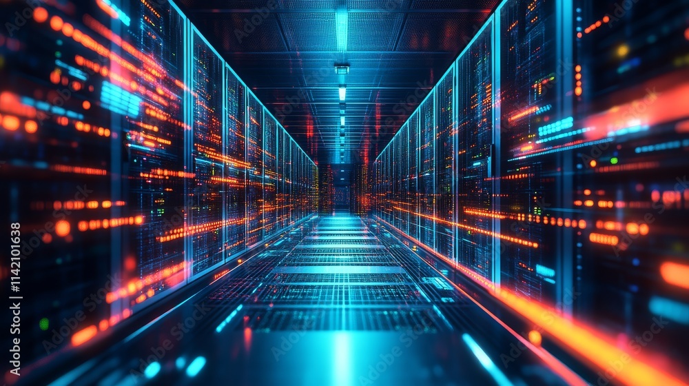 Poster a futuristic server room with glowing lights and data streams, showcasing advanced technology and di
