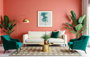 Vibrant living room with coral pink walls and a cream-colored sofa paired with emerald green velvet armchairs