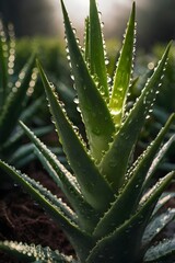 Fototapeta premium Close-Up View of Aloe Vera Plant with Water Droplets in Bright Light