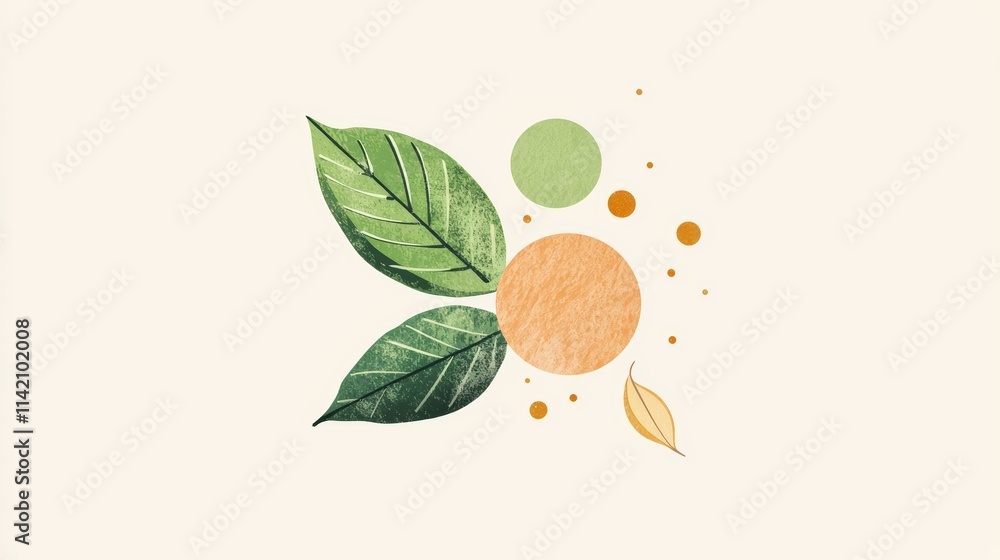 Poster green and yellow leaves are rotating around colorful circles of different sizes, creating a beautifu