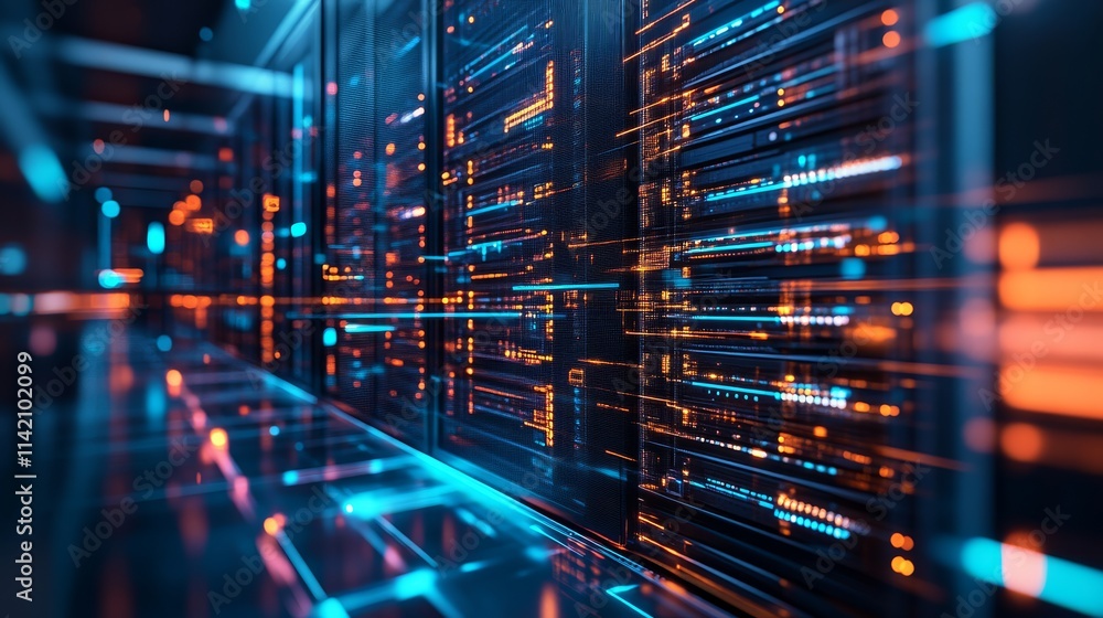 Poster a futuristic data center filled with glowing servers and vibrant light trails, representing advanced