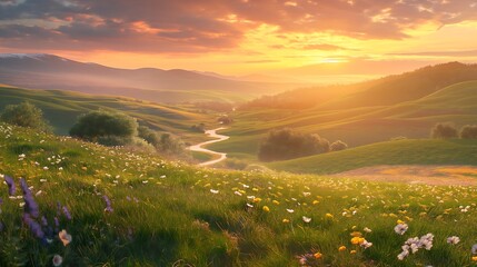 Fototapeta premium A serene countryside landscape at sunset with soft golden light falling over rolling green fields and distant trees, creating a tranquil setting.