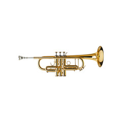 Obraz premium A shiny brass trumpet showcasing its elegant design and rich musical heritage, perfect for music enthusiasts and artists isolated on transparent white background, png