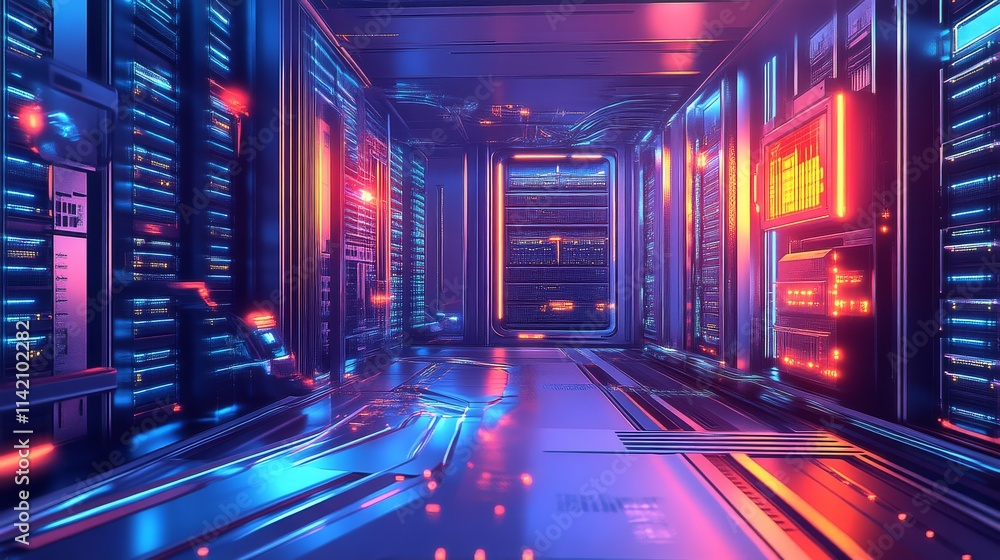 Poster a futuristic server room illuminated by neon lights, showcasing rows of data servers and a high-tech