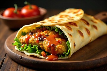 Crispy flatbread wrapped around juicy chicken, meat, golden